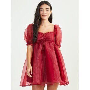 altar'd State size S Sheer Burgundy red Dress Puff Sleeve babydoll mini fluffy